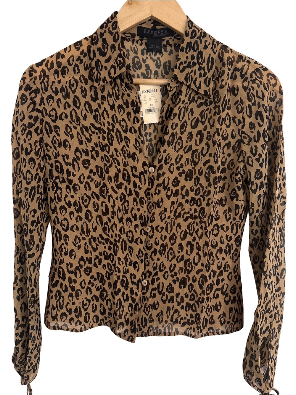 NWT Vintage Y2K Express Silk Leopard Print Blouse SZ 1/2 Sheer Retro Classic